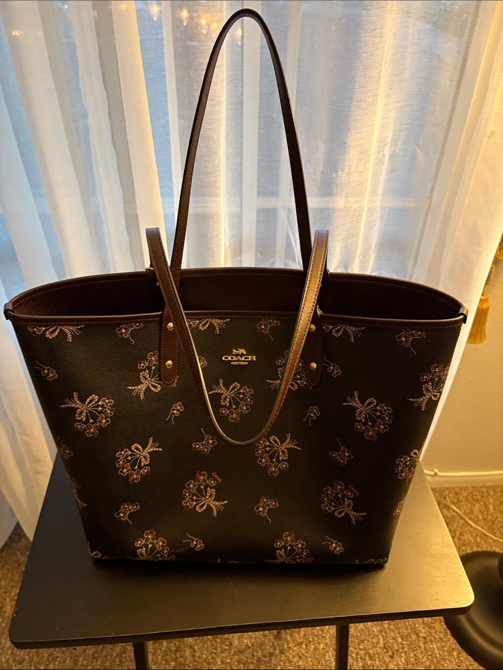 Coach Black Leather Floral Tote with Pink Accents/ reversible